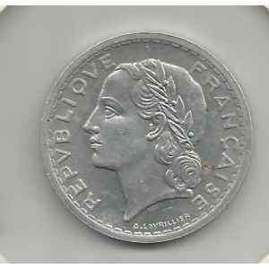 5 FRANCS 1945 B. LAVRILLIER ALUMINIUM. LILLE COLLECTIONS.